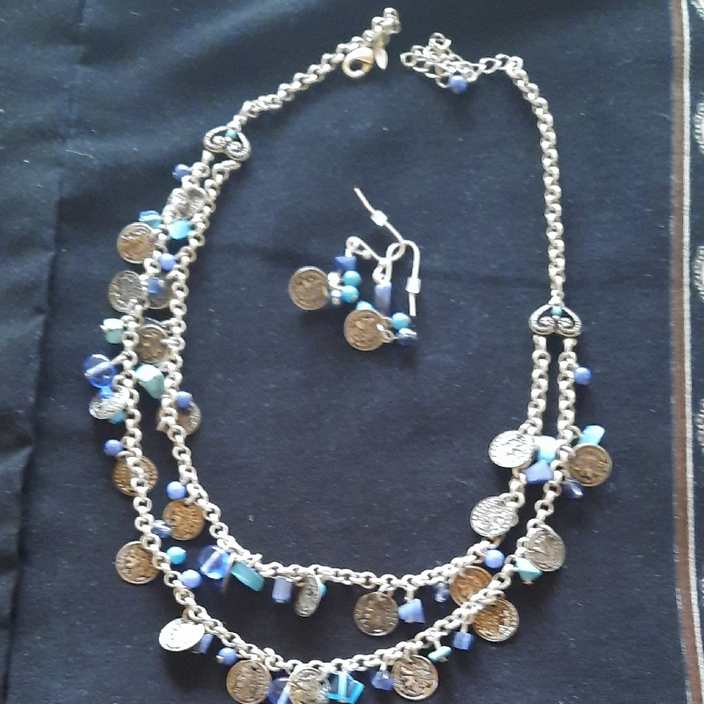 Silver and Blue Coin Charm Necklace and Earring Set
